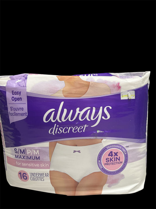 Always discreet underwear size s/m 16ct